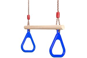 PELLOR Playground Children's Wooden Trapeze Swing Bar with Plastic Gym Rings Swing Set for Indoor & Outdoor Fun