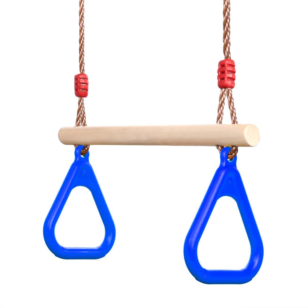 PELLOR Multifunction Children's Wooden Trapeze Swing With Plastic Gym Rings (Blue)