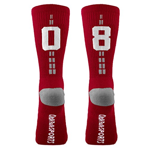 ChalkTalkSPORTS Athletic Half Cushioned Crew Socks | Mid Calf | Red | Team Number 08 or 80