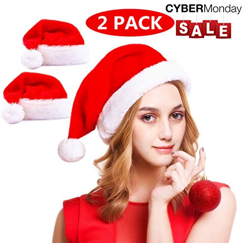 Plush Santa Hat for Adults Christmas Hat Women Men Xmas Hat Thick Warm Christmas Costume Hat Fluffy Unisex Velvet Classic Christmas Hat 2 Pack (Red)