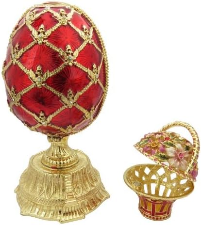 Large Crimson Red Faberge Style Egg With Floral Basket Made With Swarovski Elements Crystals Collectible