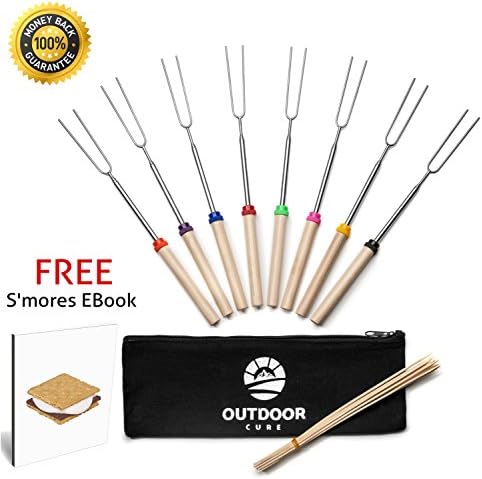 Marshmallow Roasting Sticks,32-Inch Marshmallow Sticks 8 Piece Set, 10 FREE Skewers, Canvas Bag &amp; FREE Recipe EBook, Perfect For Smores &amp; Hot Dogs Over A Campfire, 32" Telescoping Smores Sticks