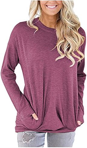 Women Solid Color Round Neck Casual Loose Long Sleeve Sweatshirt T-Shirts Tops Blouse