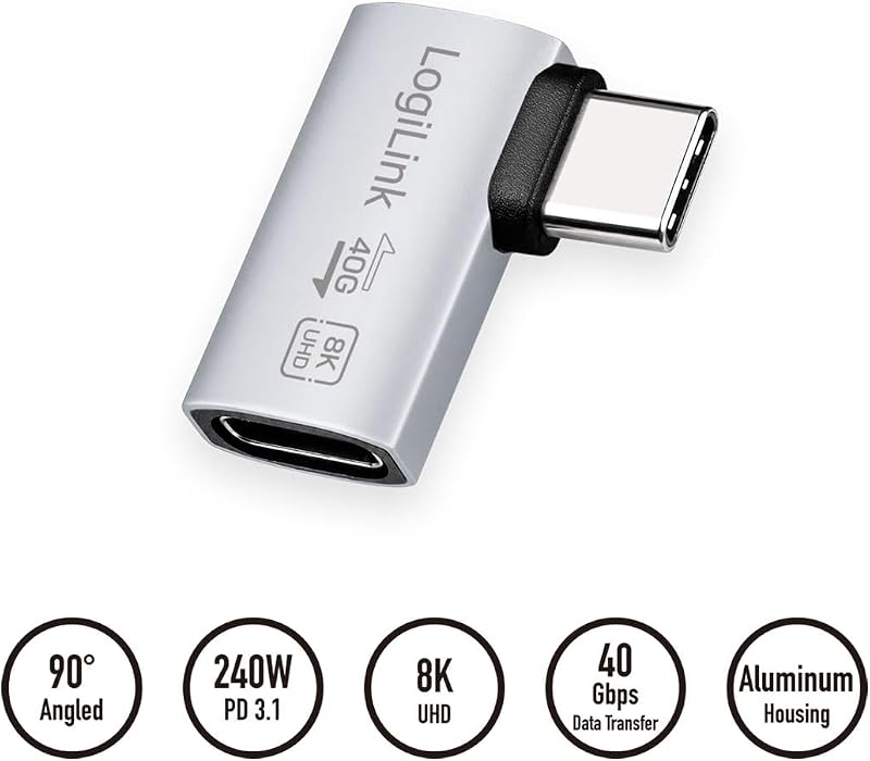 Adaptador USB 4 Tipo C 90° (Izquierda/Derecha), Transferencia de Datos de 40 Gbit/s! PowerDelivery 240 W, vídeo con 8 K/60 Hz, Macho-Hembra, Aluminio, Color: Plateado
