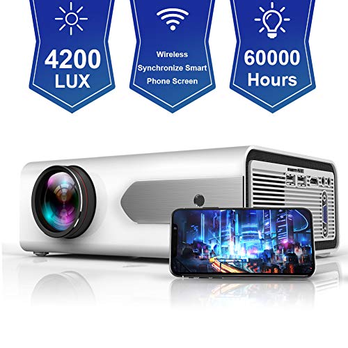 HOLLYWTOP Upgraded Mini Portable Projector 4200 Lux WiFi Wireless Synchronize Smart Phone Screen,1080P Supported 180" Display, Multimedia Connections, Compatible with Laptop/PS4/Fire TV Stick/Computer