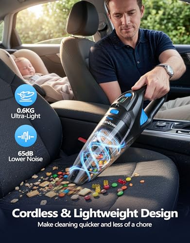 LanOcean Aspirador de Mano Potente con Estación de Carga, 25000Pa Aspirador Coche con Iluminación LED | 2 Filtro HEPA Lavable, 120W Húmedo y Seco Mini Aspiradora Portatil para Coche Hogar Cocina