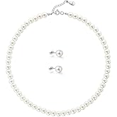 Sterling Silver Pearl Necklace and Earrings Set for Women, 8mm Simulated Pearl Choker Necklace and Stud Earrings, Hypoallergenic Pearl Jewelry Set with Velvet Giftbox, Great Gift for Her.