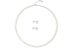 DORAFO 8mm Simulated Pearl Necklace and Earrings Set with Velvet Giftbox, 925 Sterling Hypoallergenic Pearl Jewelry Set for Wedding & Birthday's Day Gift