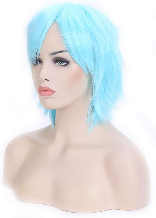 Unisex Women Short Curly Straight Cosplay Wig Anime Hair Tail Full Wigs Heat Resistant Synthetic Wig Wigs Japanese Fiber Full Wig for Women Boyes Girls Lady light blue