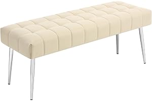 Apicizon 44.5”Entryway Bench, Soft Faux Leather Indoor Bench with Metal Legs, Modern Cushion Ottoman Bench for Bedroom, Living Room, Entrance, Dining Room, Beige
