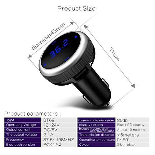 Bluetooth Car Kit FM Transmitter, Wireless In-Car Bluetooth FM Transmitter & Car Charger Modulator Hands-free Car Radio Adapter with LED Display Dual USB Port, MP3 Player U Disk & SD card Android IOS