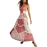 Women Boho Floral Tie Shoulder Maxi Dress Flowy Patchwork Smocked Long Sundresses Summer Ruffle Y2k Sleeveless Dresses