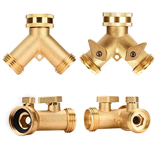 FUNTECK 2 Way Swivel Garden Hose Splitter Full Brass Body 3/4 inch GHT Fitting, Including Quick Connect Faucet Adapters and Spare Washers (1)