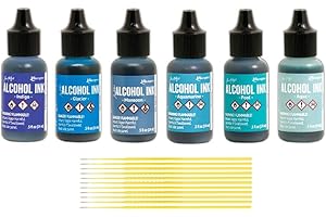 Ranger Alcohol Inks Set Bundles - 6 Bottles of Tim Holtz Alcohol Inks with Trebbies Fine Detail Sticks (Shades of Blue)