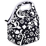 SORELLA White and Black Flower Lunch Bag Insulated Neoprene Design | Zipper Top & Flat Bottom With Ergonomic Handle | Reusable Lunch Tote Thermos For Adults & Kids | Snacks, Fruit, Food & Drinks