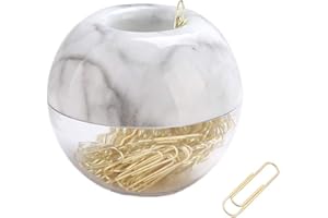 MEI YI TIAN 100pcs 28mm Gold Paper Clips Medium in White Marble Paper Clips Holder Dispenser Round Paperclips Storage Case for Office Desk Organizer Accessories (Marble)