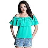 BLDO Women's Ruffles Off Shoulder Solid Chiffon Blouse Crop Top (S, Green)