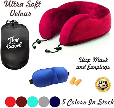 "Time To Travel" Kit - Memory Foam Neck Pillow With Ultra Plush Velour, Sleep Mask and Earplugs (Red)