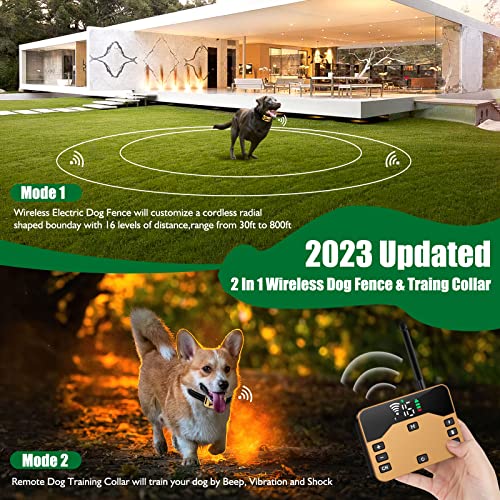 BHCEY 2023 Wireless Dog Fence, Electric Wireless Fence Training Collar with Remote 2in1, Pet