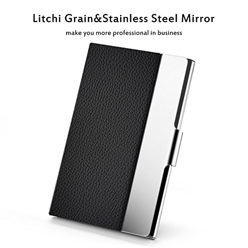 Business Card Holder Case, AHGXG Professional Slim Name Card Case Credit Card ID Holder/Case PU Leather&Stainless Steel Metal Wallets For Men&Women, Keep 20 Business Cards, Black