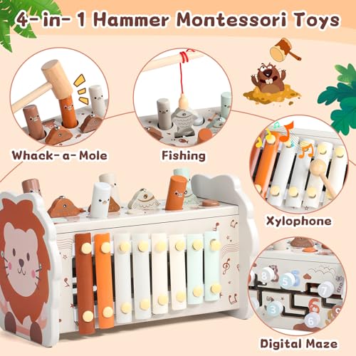 Baby Toy 1 Year – Montessori Games 1 Year 4 in 1 Montessori Toy with Taupe Tape-Taupe Xylophone Baby Fishing and Maze Toys for 1 Year Old Educational Wooden Ideal Christmas Gift Child 1 Year Old Girl Boy