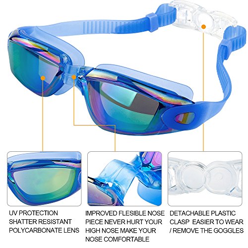 GIORO Swim Goggles, Adult Unisex Men Women Swimming Goggles, No Leaking Anti Fog UV Protection Triathlon Swimming Glasses with Earbud Nose clip (Blue) - Thumbnail 3
