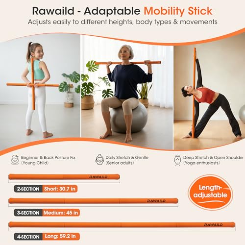 RAWAILD Yoga Stick, Upgraded 5ft Sturdy Steel Mobility Stick, Adjustable Exercise Equipment for Stretching, Flexibility & Balance, Physical Therapy & Posture Correction, Shoulder & Back Relaxation