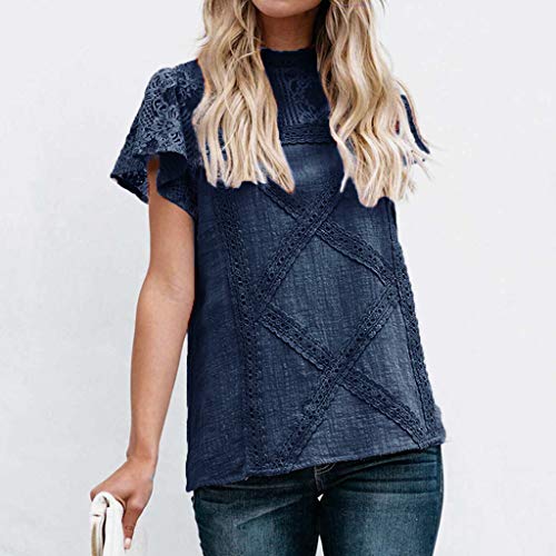 vermers Womens Sexy Lace Patchwork Flare Ruffles Short Sleeve T Shirts Blouse Fashion Summer Cute Floral Shirts Tops(M, Navy#) - Thumbnail 2