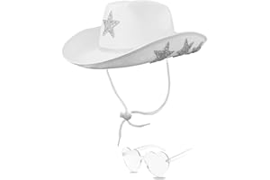 YBHOMINE White Cowgirl Hat with Heart Sunglasses - Cowboy Hat with Glitter Star Fits Women for Bachelorette Themed Party