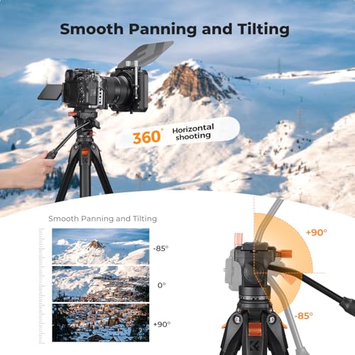 K&F CONCEPT 73” Camera Tripod with Fluid Head, Aluminum Travel Tripod for Video, Smooth Pan/Tilt for DSLR Mirrorless Camcorder, Max Load 6.6lb, for Live Streaming Vlog & Spotting Scope