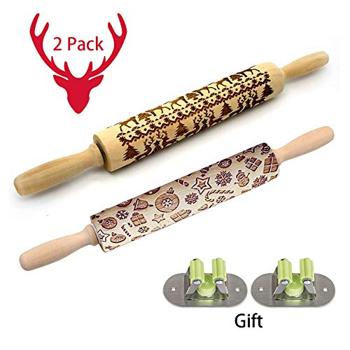 Christmas Wooden Rolling Pins,Engraved Embossing Rolling Pin with Christmas Deer Pattern for Baking Embossed Cookies,Rolling Pin Kitchen Tool 14 inch (2 pack)