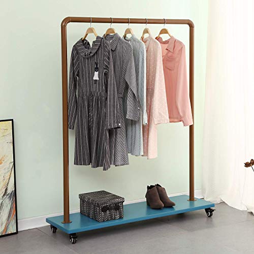 HOME BI Industrial Pipe Clothing Rack, Heavy Duty Garment Rack for Laundry Room,Rolling Clothes Rack with Shelf，Lockable Wheels,Blue - Thumbnail 7