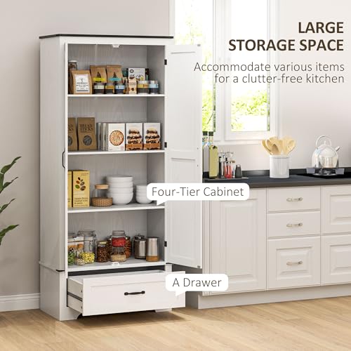 HOMCOM 72" Farmhouse Pantry Cabinet with Barn Doors, Tall Buffet Storage Cabinet with Adjustable Shelves, Freestanding Kitchen Pantry with Drawer, White Wood Grain
