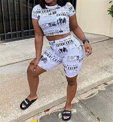 Women Casual Letter Print Crewneck Tshirts Crop Tops High Waist Bodycon Two Piece Shorts Set Tracksuits White