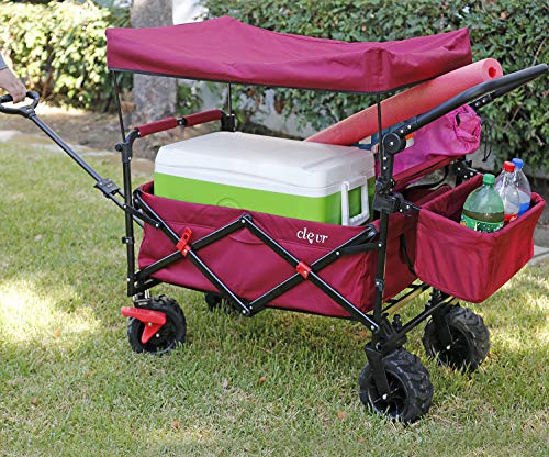 Extra Large Foldable Outdoor Wagon Cart with All Terrain Wheels and Canopy, Red 265 Lb Capacity, Easy Folding Collapsible Utility Garden Transport Trolley, Great for Beach, Park, Sports, Parties