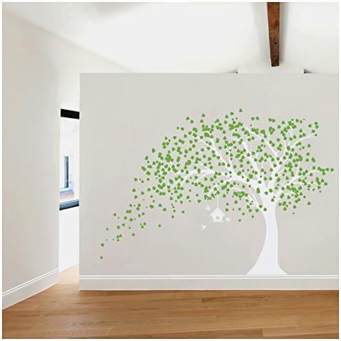 WallumsWallDecor nature-tree-birds-brdhse-108x77_WHT_LTG "Large Windy Tree With Birdhouse" Wall Decal, White/Lime Tree Green
