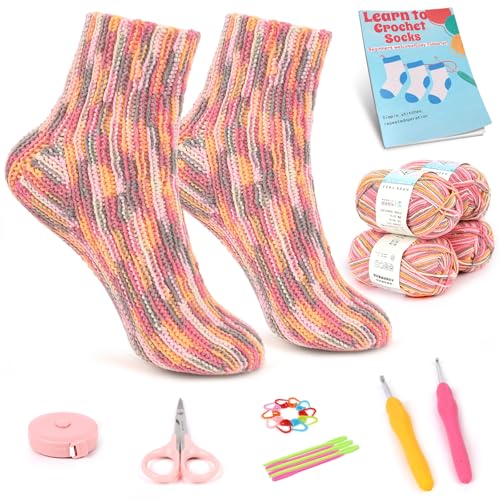 Katech Crochet Kit for Beginners, Complete Beginner Crochet Kit for Adults-4 Pcs Ombre Yarns & Step-by-Step Tutorial, Crochet Starter Kit for Socks-Gift for Crocheter, Crafter, Kids, Teens, Elders(A)