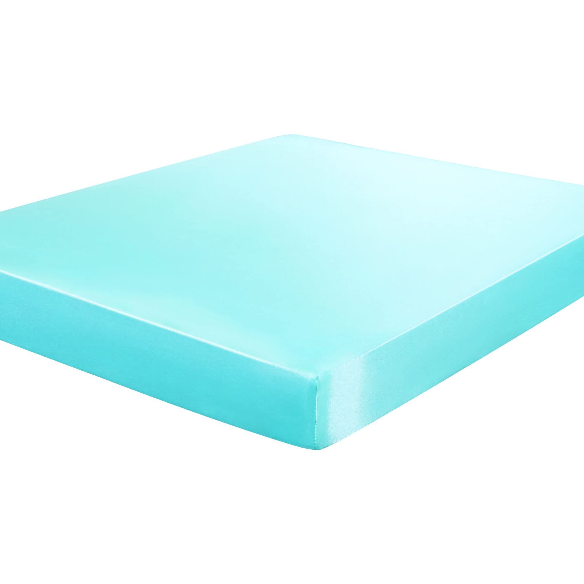 sourcing map Satin Fitted Sheet, Solid Silky 12" Deep Pocket Bed Sheet, Soft and Breathable Satin Bed Fitted Sheet Cyan Single (99 x 190cm)