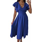 Dokotoo Women's V Neck Elegant Party Dress Short Sleeve Skater Dress Wedding Guest Dresses