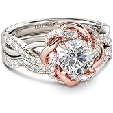 Jeulia Halo Solitaire Engagement Rings for Women Sterling Silver Floral Flower Rings Rose Gold Plated Diamond Ring Round Cut Bridal Ring Set Anniversary Promise Rings for Her