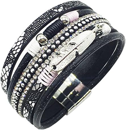 LuckyZ Women Fashion Snake Skin Leather Crystal Bracelet with Magnetic-Clasp Comfortable Wrap Bracelet, Black Leaf