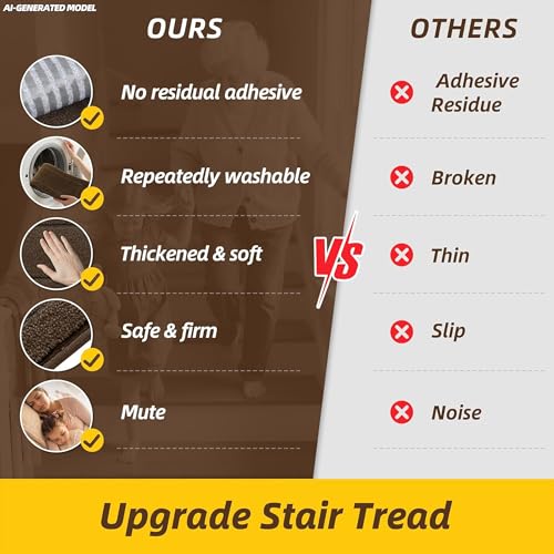 Non-Slip Stair Treads for Wooden Steps Indoor, 15 Pack 8" X 30" Edging Stair Rugs with TPE Backing,0.45" Thick Carpet Stair Treads for Kids Elders & Pets, 100% Polyester Soft Stair Runners, Brown