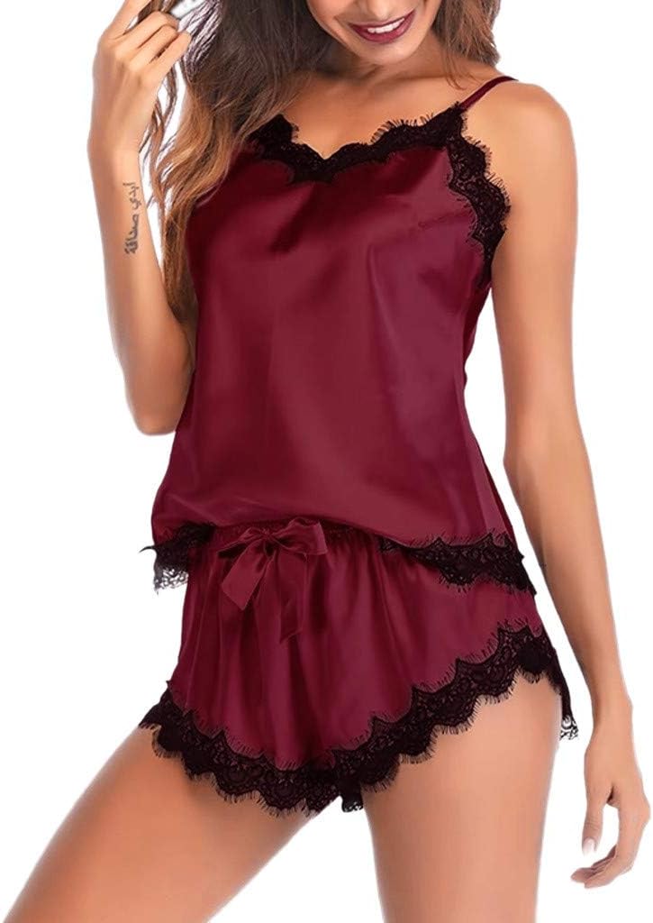 Women's Lace Trim Satin Cami and Shorts Pajama Set,Women's Lace Satin Sleepwear Cami Top and Shorts Pajama Set,Womens Imitation Silk Sexy Cami Shorts Pajama Set