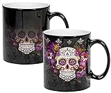 Sweet Gisele | Sugar Skull Mug | Heat Activated | Color Changing Coffee Cup | Floral Pattern Ceramic | Reveals Vivid Colors | Great Novelty Gift | Black | 11 Fl. Oz