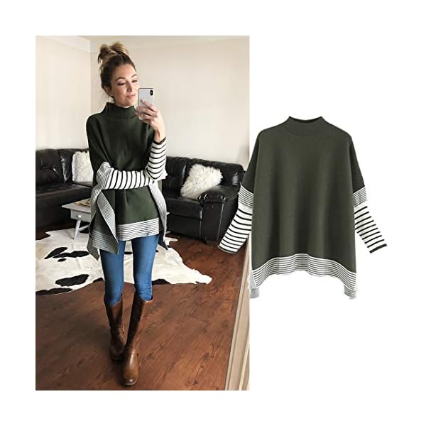 CHICWISH Women's Mustard/Black/Caramel/Olive/Grey Striped Oversize Soft Knit Cape Sweater Pullover - Image 3