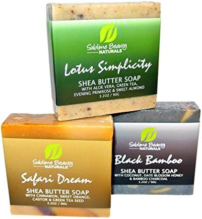 3 EXOTIC NATURAL SOAPS in an Organza Bag, 3.2 oz Each. Shea Butter + Essential Oils, Soft, Moisturizing and Decorative. For Face &amp; Body.