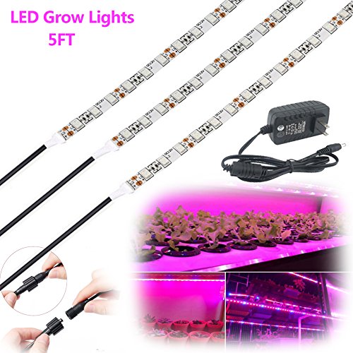 LED Grow Lights,5ft 3Pcs Waterproof Flexible Soft Strip Grow LED Light 18W Red Blue 5:1 With DC 12V 2A Adaptor For Plants Flower Herbs Seeds Seedlings Growing,Greenhouse,Potted Plant,Hydroponic Garden
