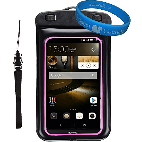 Universal Protective Waterproof Bag / Pouch / Cover / Case for Huawei Ascend Mate 7 / P7 / P6 / Sharp Crystal with Responsive Screen Protector Windows and Strap Fit up to 5.5 Inch Ios Windows Android Smart Phone + SumacLife Wisdom Courage Wristband (Pink)