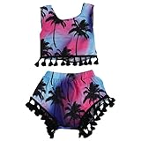 Baby Girls Cross Tassel Beachwear Coconut Palm Printing Sleeveless Floral Sunsuit Set Outfits