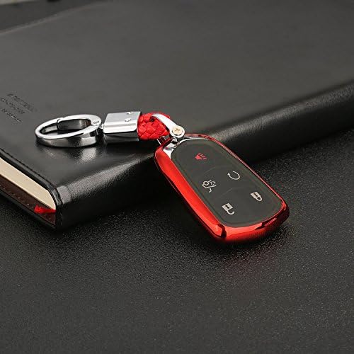 DeAutoBug Smart Keyless Remote Case Key Soft PU Protector Shell Key Fob Holder with Stainless Steel Key Chain Keychain for Cadillac ATS CT6 CT6 PLUG-IN PLUGIN XTS XT5 CTS Escalade SRX (Red)